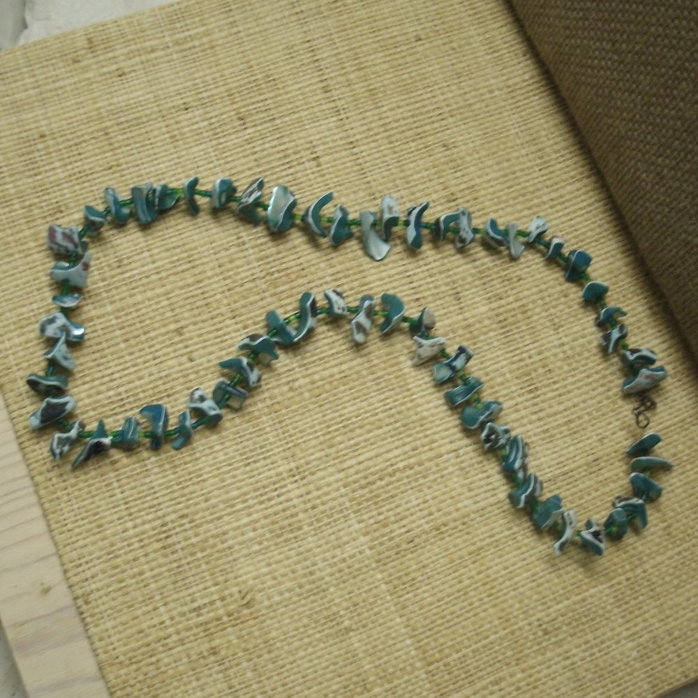 Handmade Blue Dyed Shell & Seed Bead Necklace - Picture 14 of 16